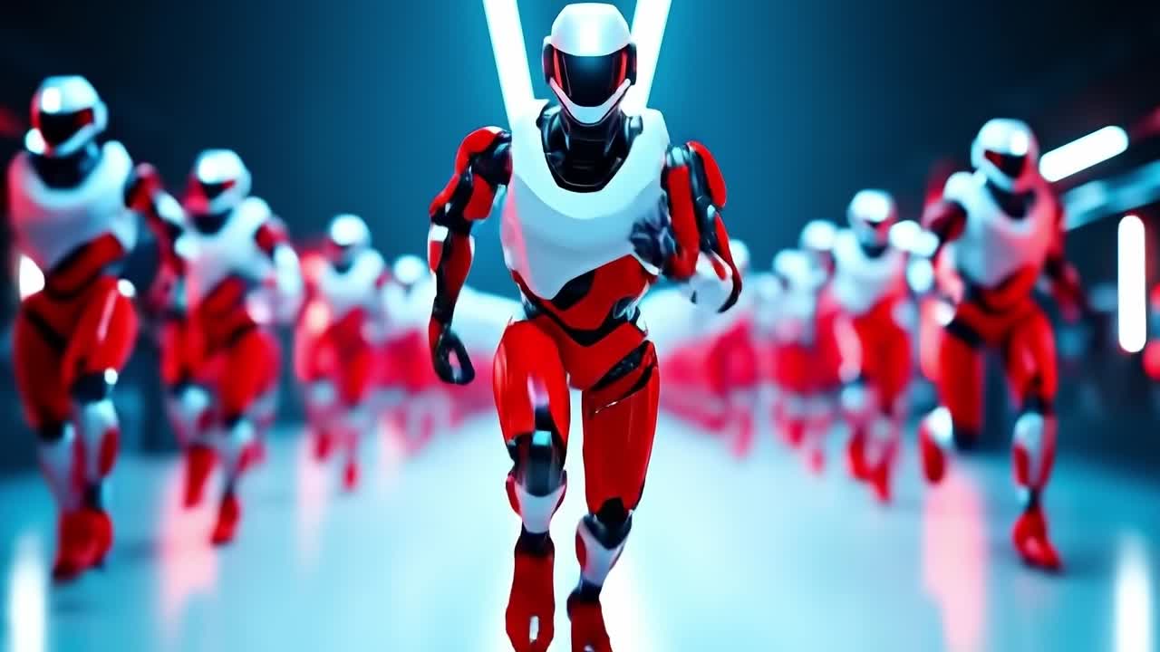 A group of red and white robots running in a line