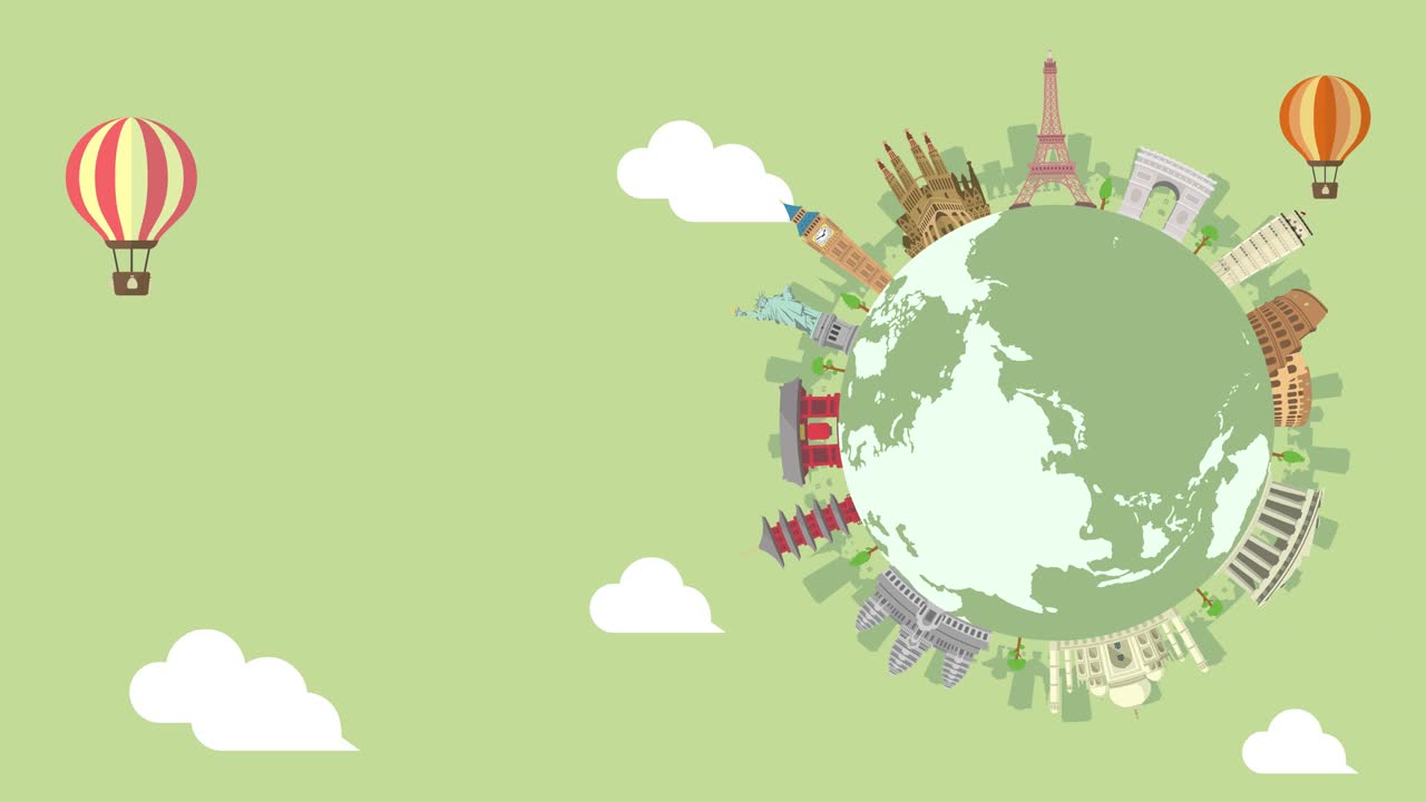 여행, 휴가, 관광 애니메이션 배너 (4k) 세계 유산 및 세계적으로 유명한 건물. 텍스트 버전이 없습니다.