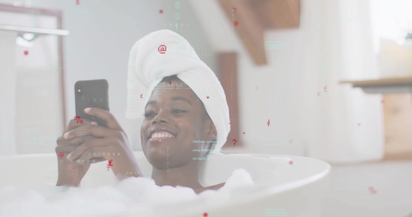 Woman settling into foam-filled bathtub and lifting smartphone to start scrolling wellness articles