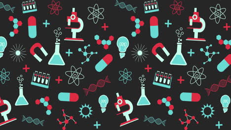 animation of science items icons on black background