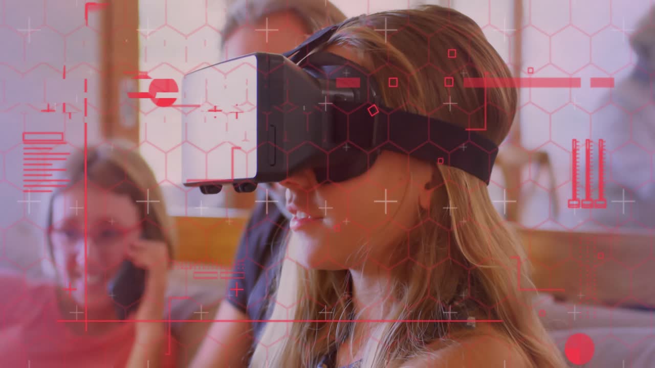 interfaccia digitale con elaborazione dei dati contro ragazza caucasica che indossa auricolari vr a casa