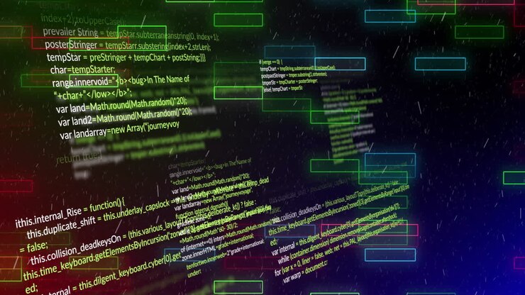Fragmentos de código flotantes superponiéndose en el ciberespacio, mientras rectángulos de neón resaltan la lluvia digital.