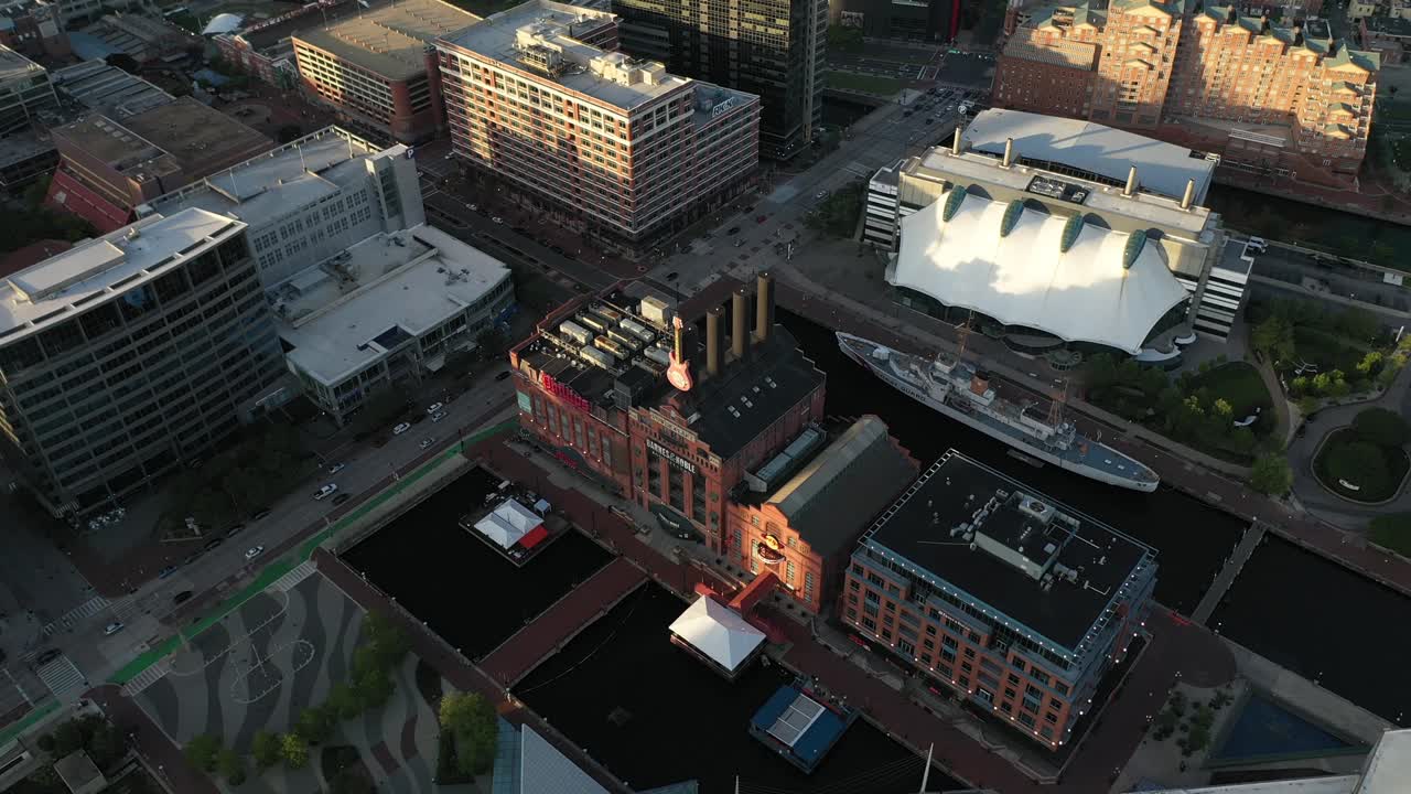 Baltimore USA, Drone Aerial View of Inner Harbor, USCGC Taney Ship Museum and Columbus Center