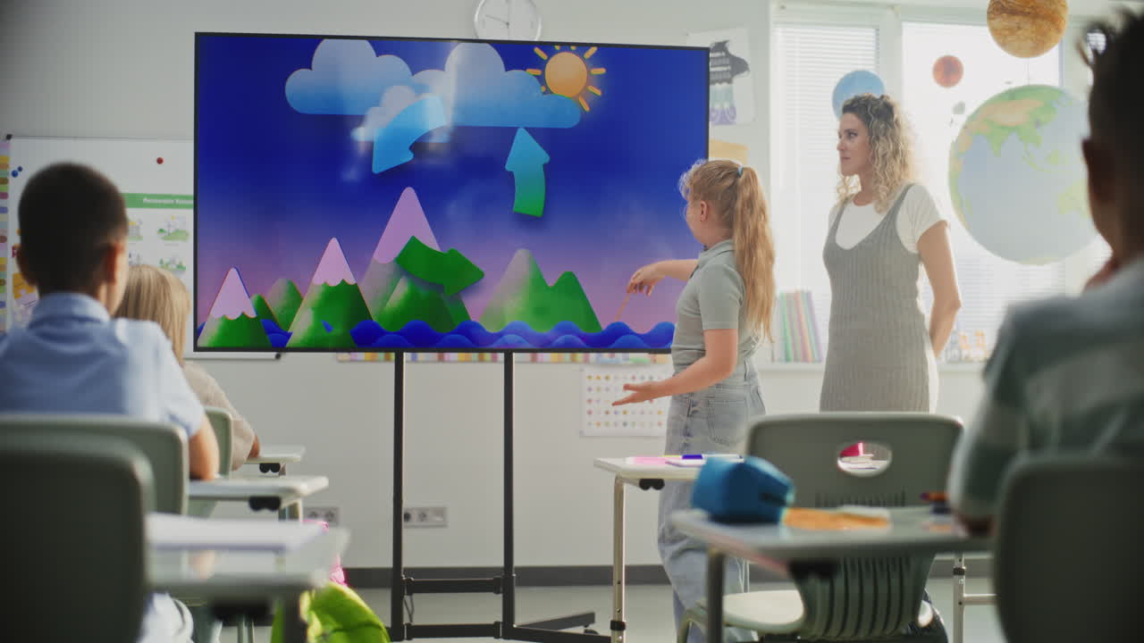 Geography Class Female Teacher Teaching Primary School Children Using Digital Screen