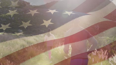 Animation-of-american-flag-moving-over-couple-runnng-on-meadow