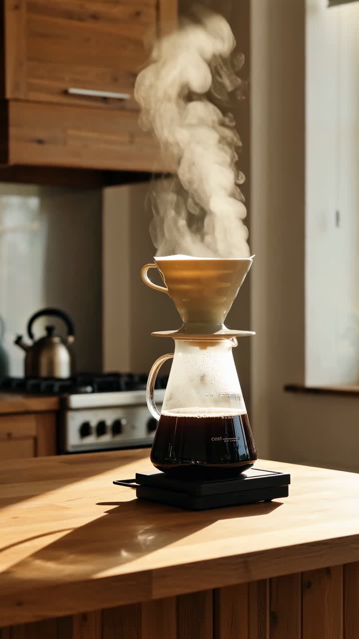 Steaming Pour-Over Coffee Brewing in a Sunny Kitchen