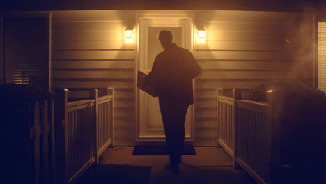 man delivering a package to a house at night