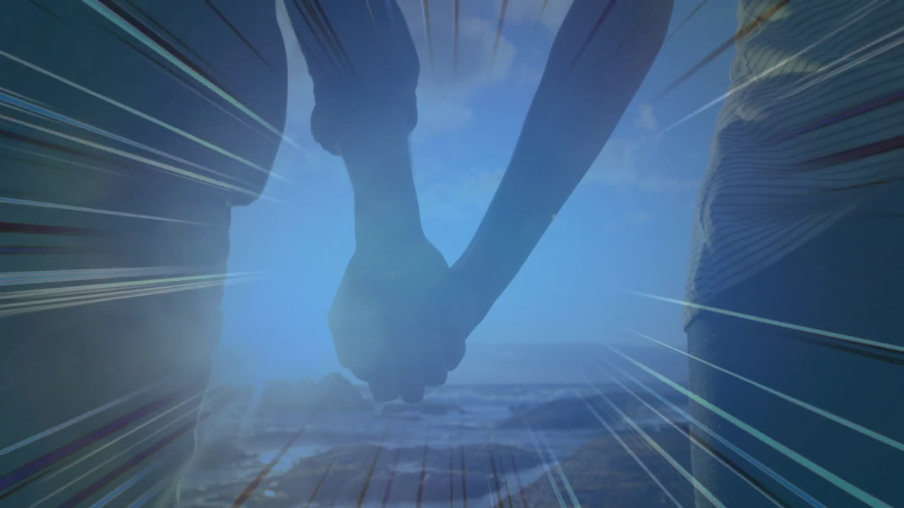 Holding hands, couple walking over bright light burst animation