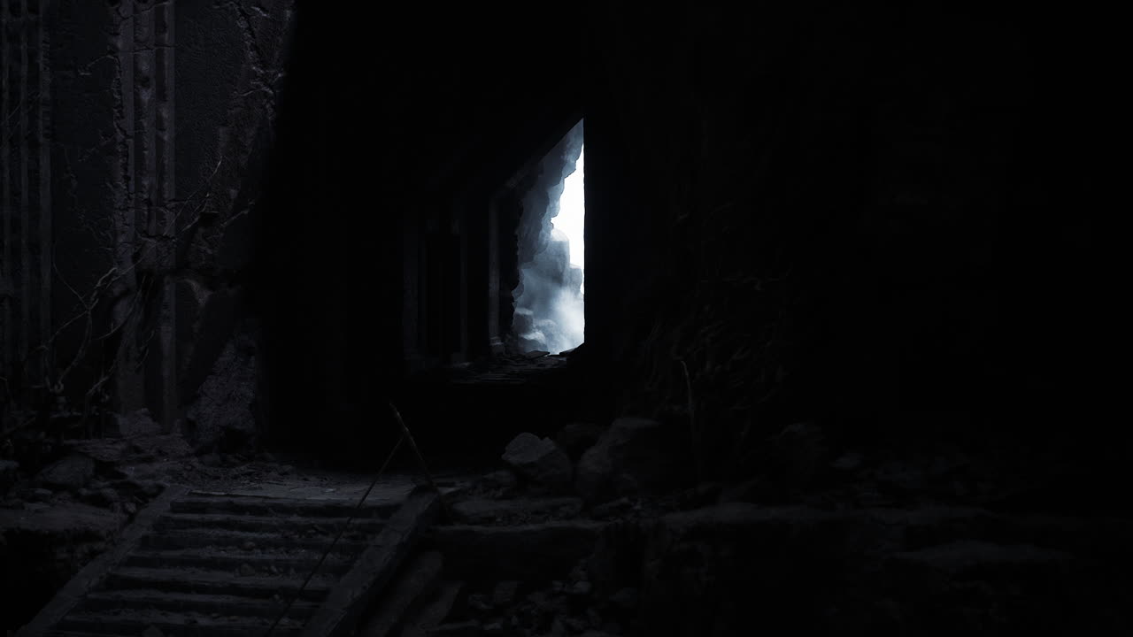 Mysterious entrance illuminated by soft light in a dark forest