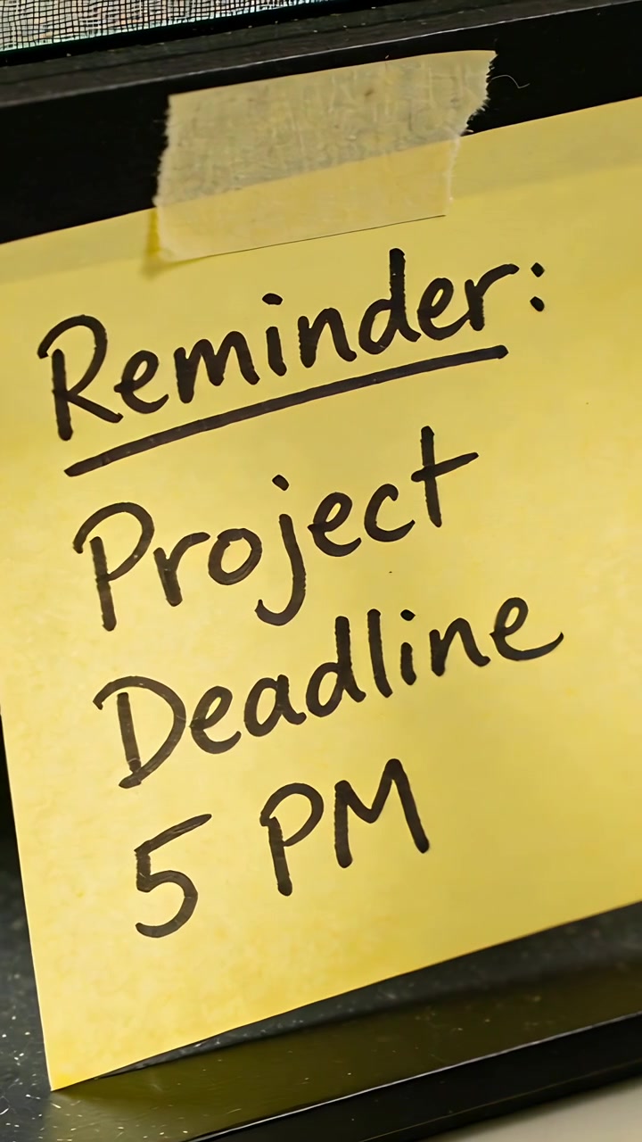 Vertical video: Pulling camera back showing yellow reminder note on screen at desk, masking tape