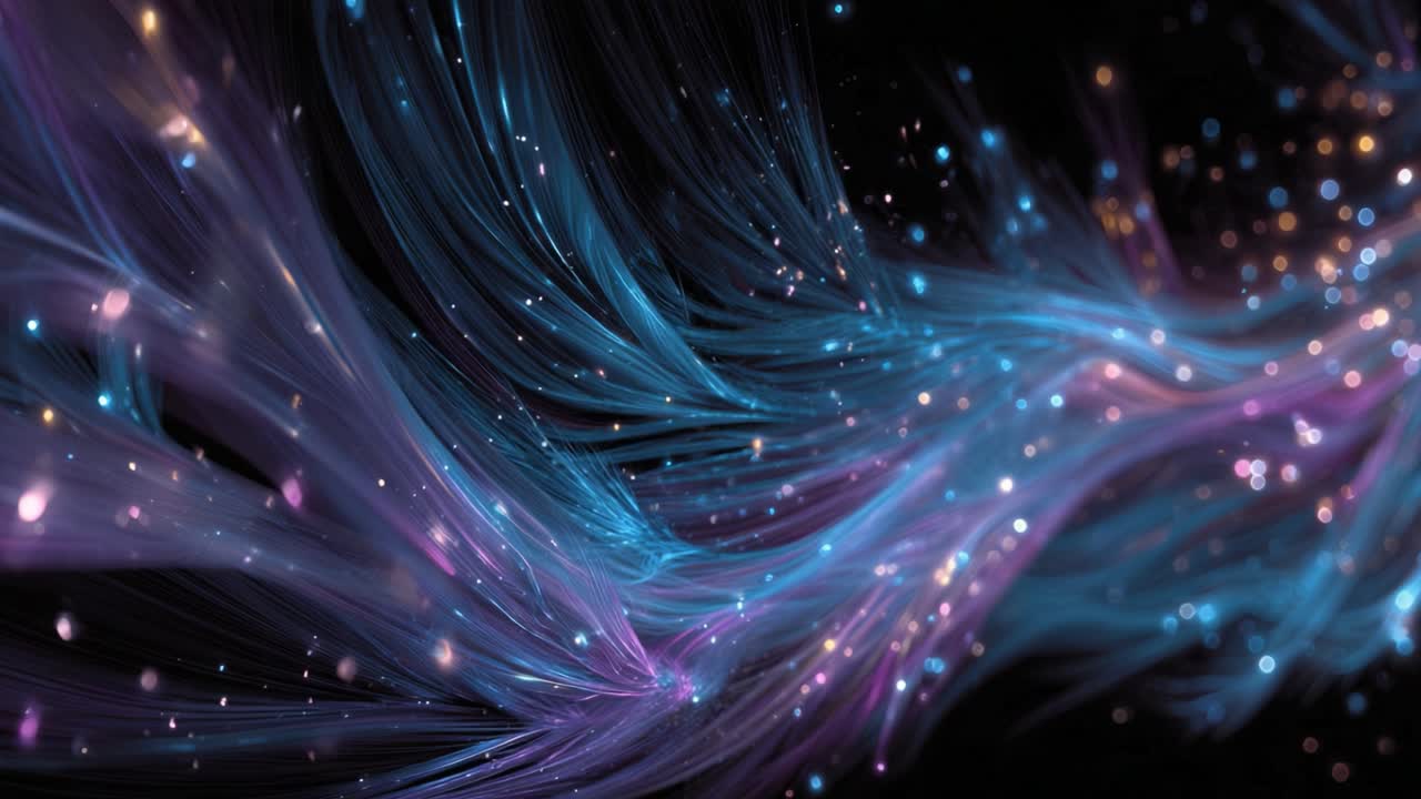 Abstract background with glowing blue and purple particle strings flowing through dark space, creating a beautiful and dynamic visual effect with shimmering bokeh lights and elegant movement