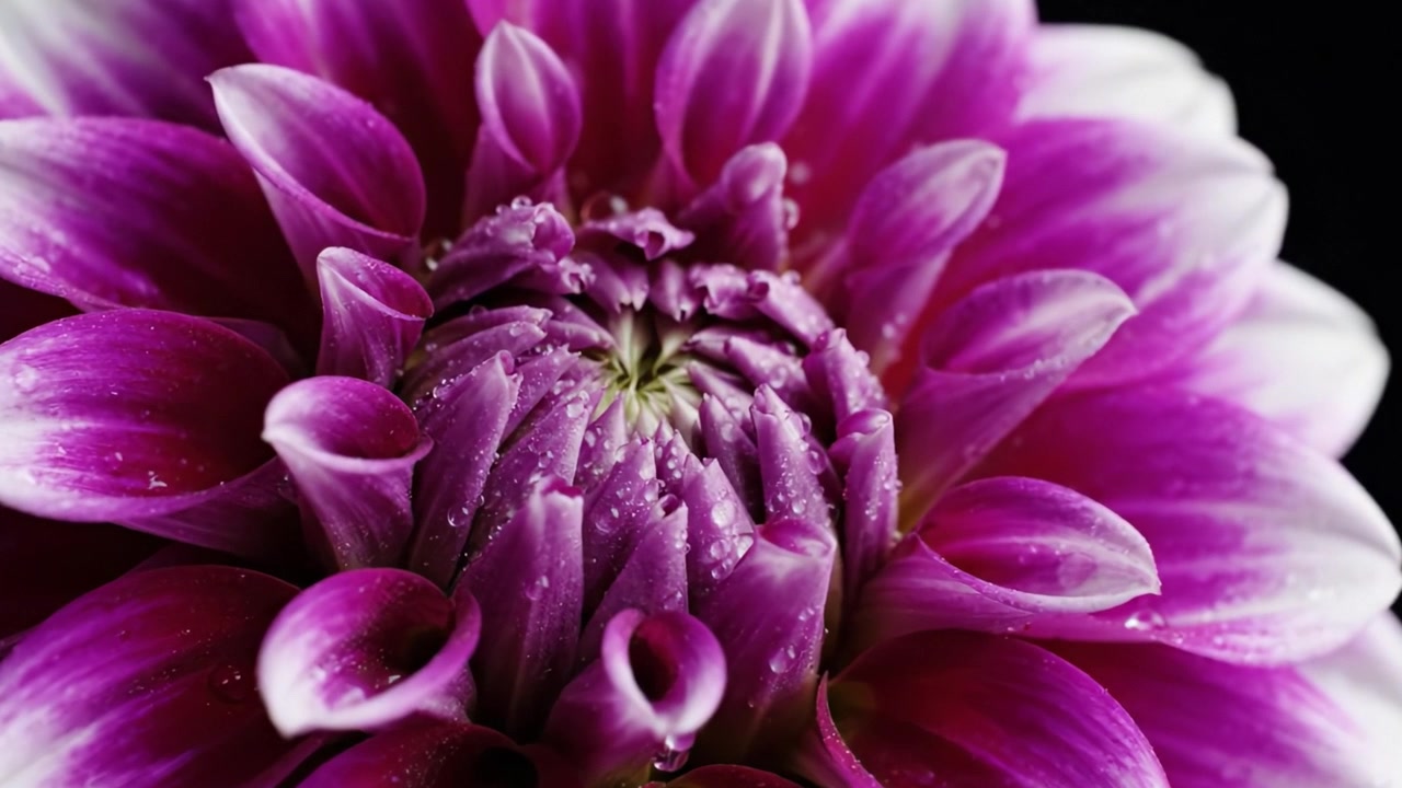 Magnifico primo piano di un vivace fiore di dalia con gocce di rugiada, che mostra i suoi petali intricati e la sua straordinaria variazione di colore su uno sfondo scuro.