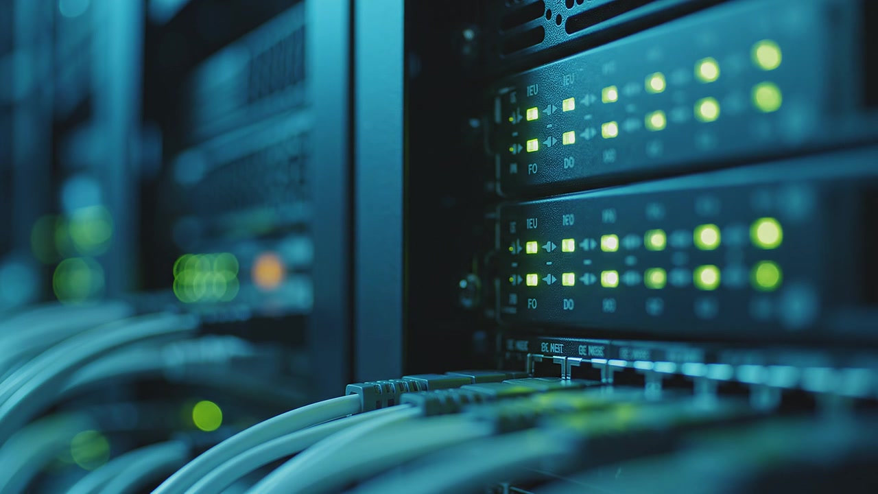 Close-up of server rack with glowing status lights and cables