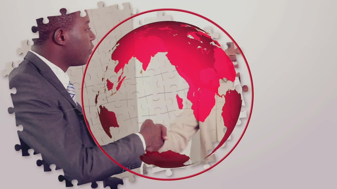 animación del globo sobre piezas de rompecabezas que revelan el apretón de mano del hombre de negocios