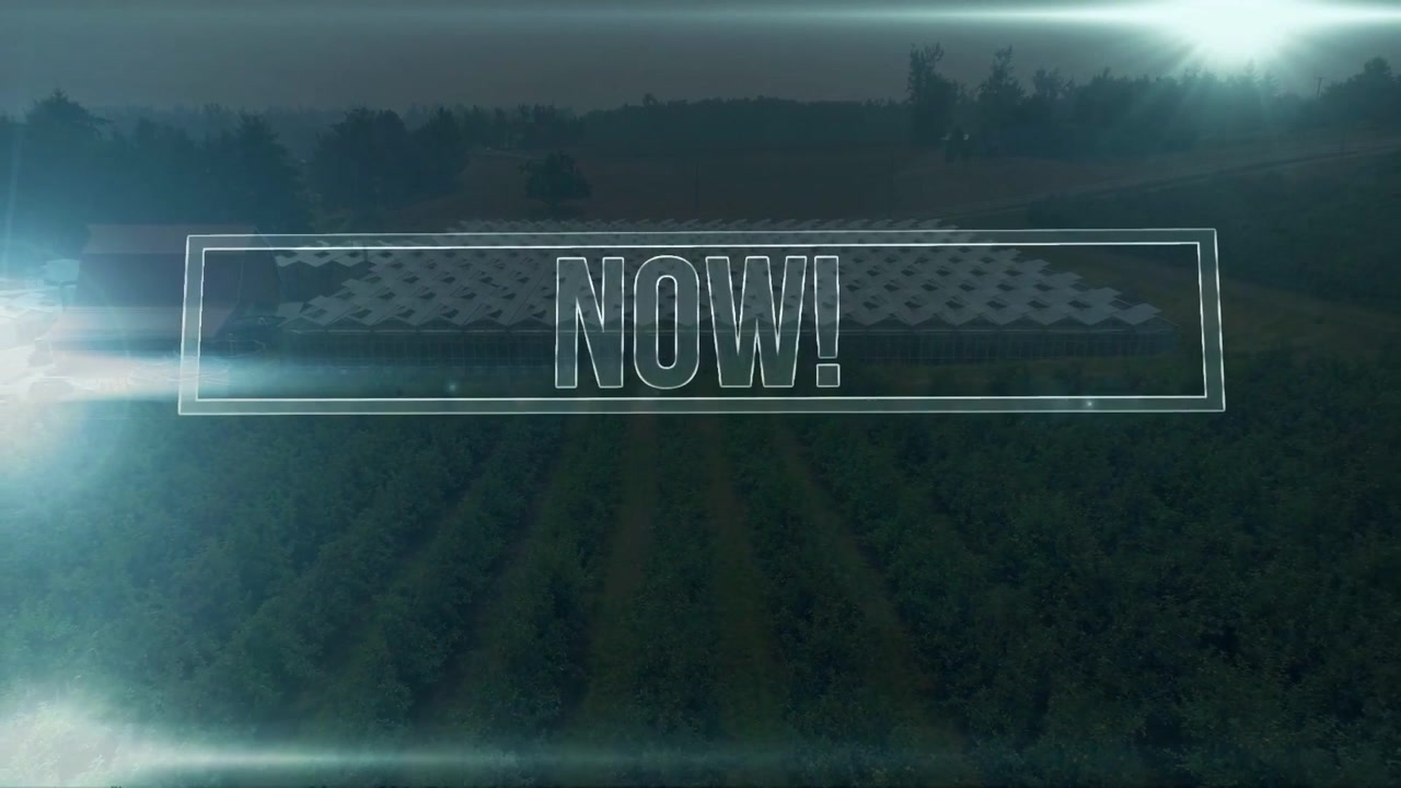 On start metallic frame extruding NOW! rotating, revealing dotted panel over fields for ads