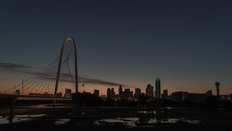 dallas skyline at sunrise/sunset with margaret hunt hill bridge