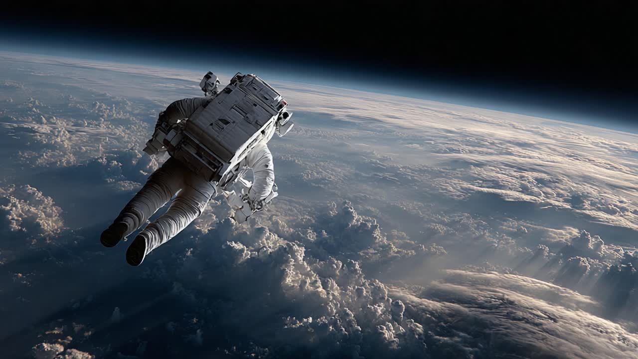A breathtaking view of an astronaut floating in the vastness of space, captured against the stunning backdrop of clouds and the curvature of Earth, showcasing the beauty of exploration