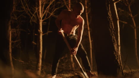 man working in the forest at night