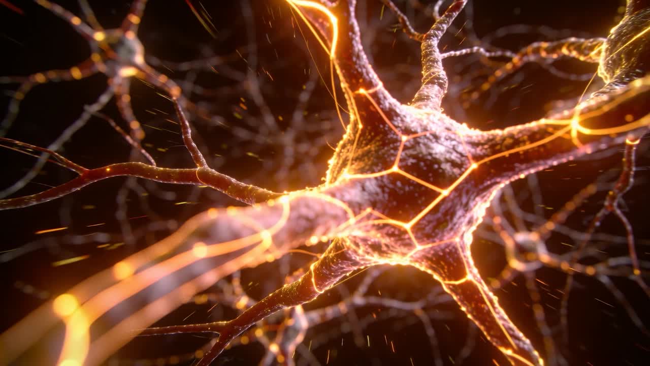 Zooming central soma showing flow, hex pattern dendrites carrying sparks and beads in dark void