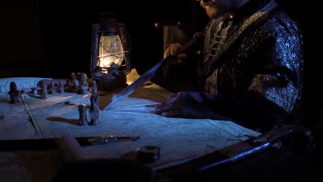 making a war plan with the light of a kerosene lamp in the middle ages.