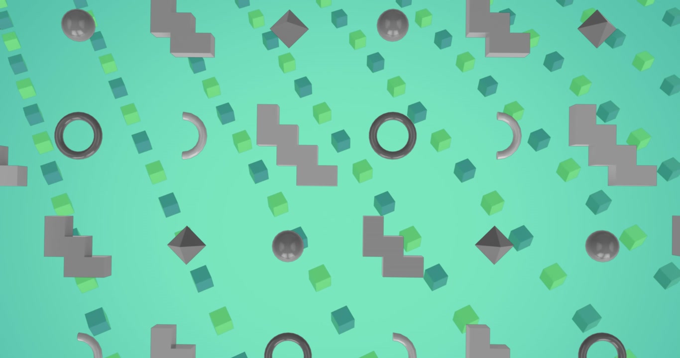 Animation af farverige 3D-strukturer, der svæver mod et område med plads til tekst på grøn baggrund