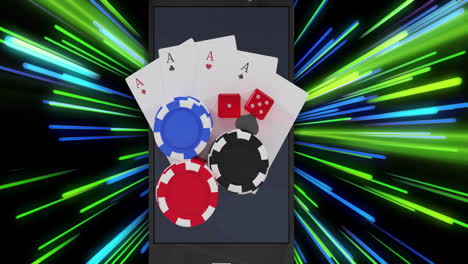 poker chips, dice, and playing cards animation over smartphone with colorful streaks background