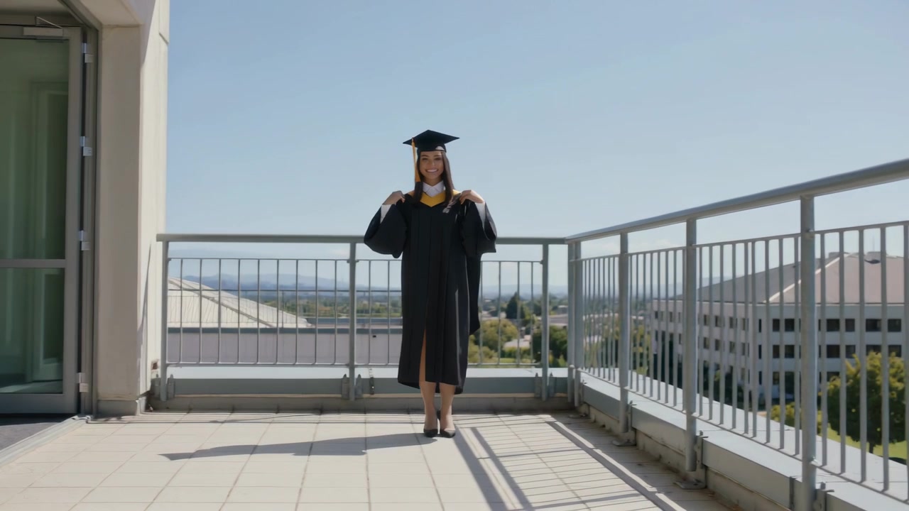 Donna in toga di laurea che cammina, uscendo da una porta su un balcone, aggiustando tocco e stola per un ritratto.