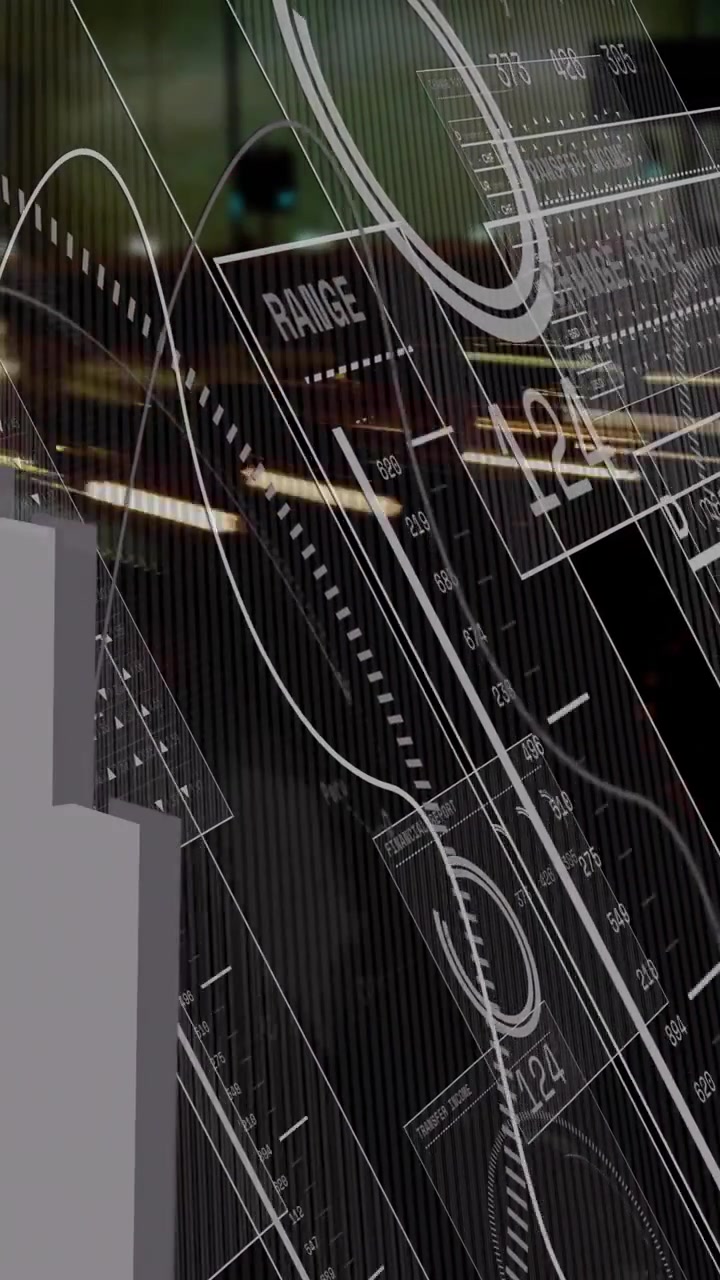 Digital interface with financial data animation over busy city street at night
