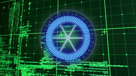 animation of neon round scanner and data processing over grid network against green background