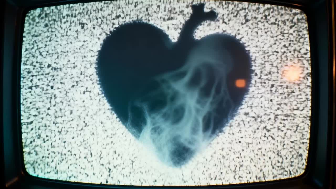 Registrazione dello schermo CRT, fumo sottile che si sposta a forma di cuore su uno schermo statico in una stanza poco illuminata, punto arancione che cambia