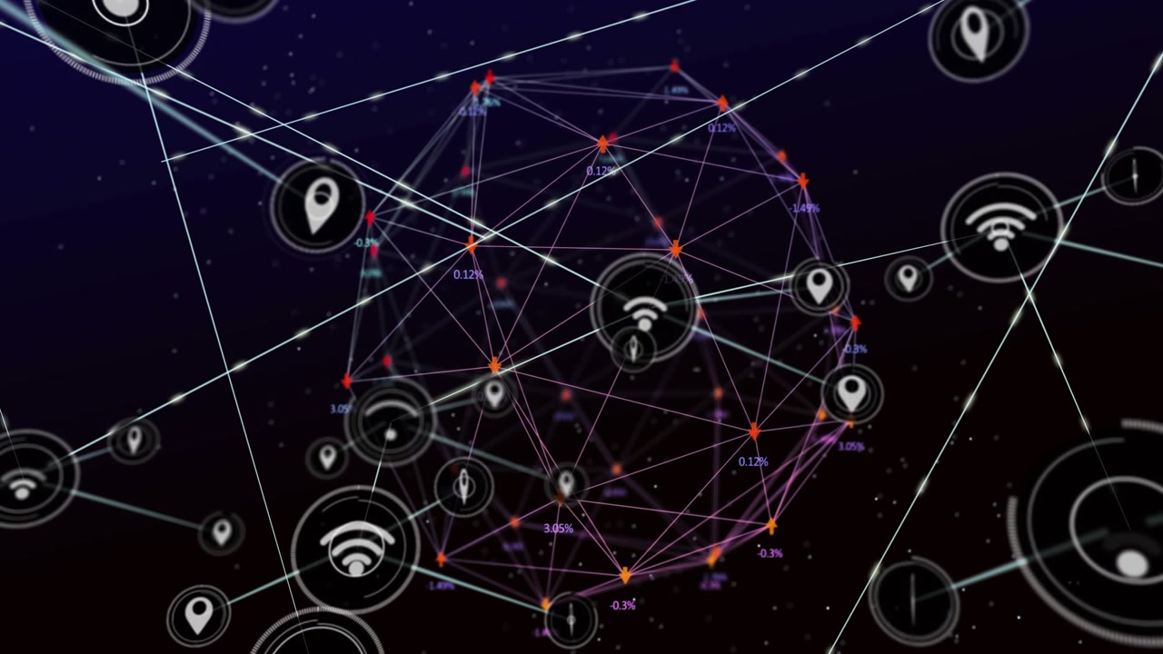 Geodesic sphere reacting to left connector, sending icons, pulsing, clustering, showing data