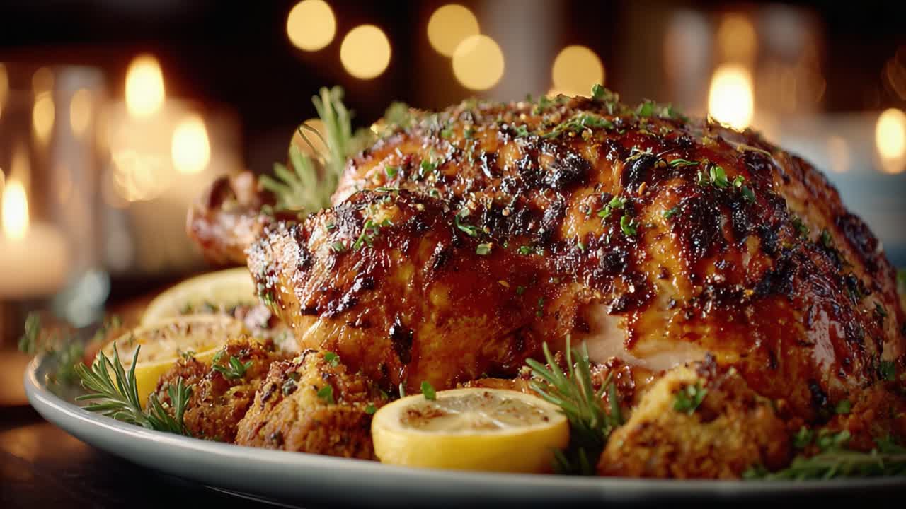 A beautifully roasted chicken garnished with fresh herbs and lemon slices, served on a plate, exuding warmth and flavor, perfect for festive gatherings and special occasions