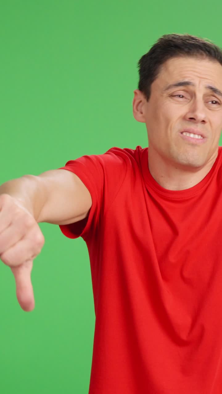 Man changing mood from sadness to happiness on green screen