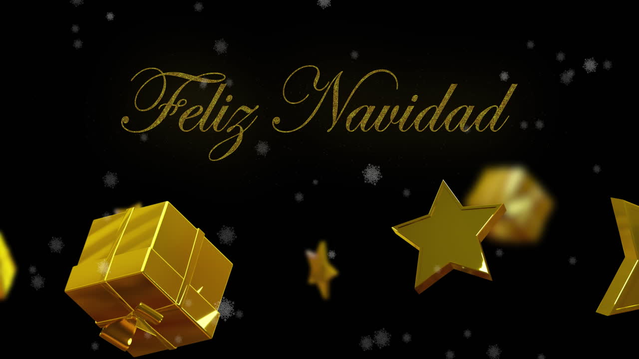 animación de feliz navidad texto sobre regalos, estrellas y nieve de fondo