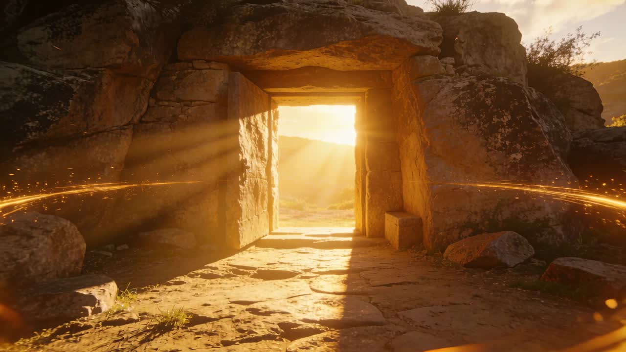Un portale in pietra si apre nella parete rocciosa, il sole si allinea, un anello dorato traccia l'ingresso con raggi luminosi.