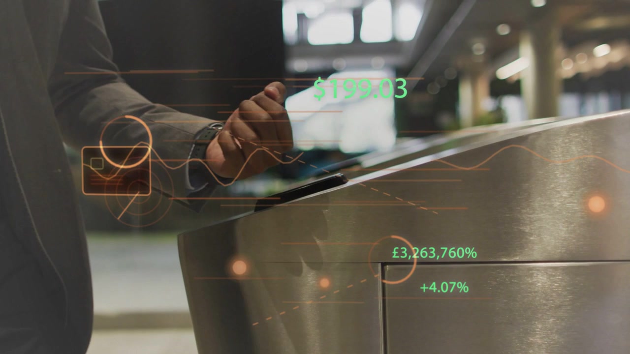Commuter raising watch to contactless gate reader, AR finance data updating while confirming access
