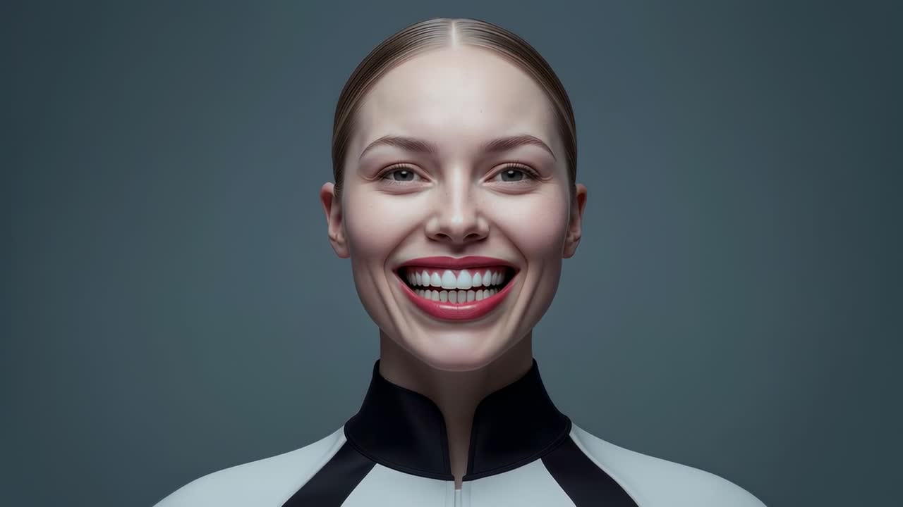 Smiling woman shifting mouth and eyes with recording starting in studio wearing white-black zip top
