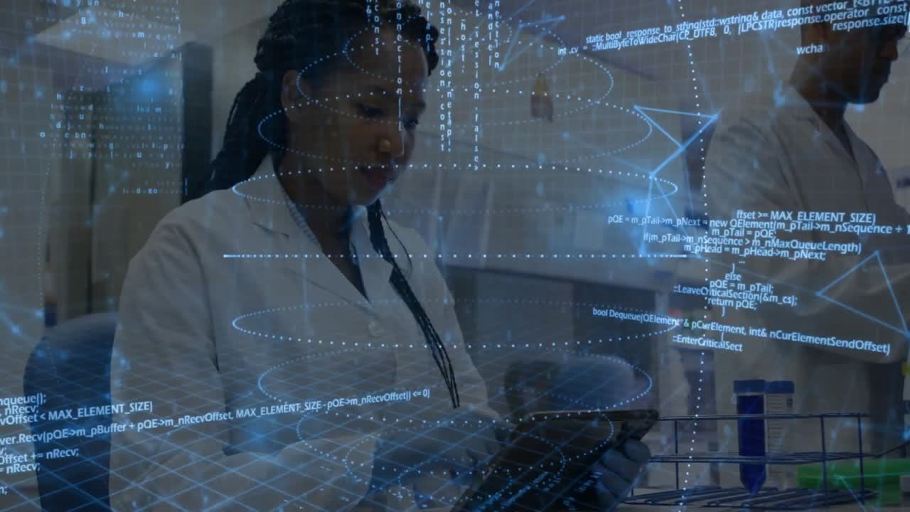 Female scientist tapping tablet projecting hologram code in lab while coworker sorting test tubes