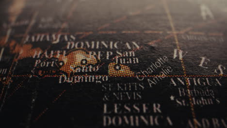 close-up of a vintage world map focusing on the caribbean