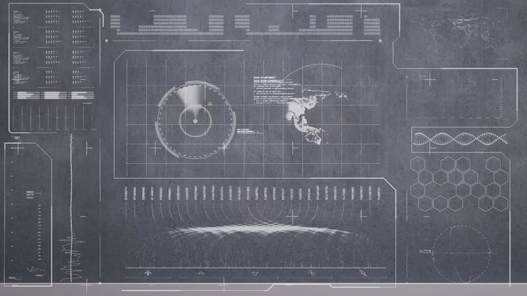 Animation of digital screen with globe, map, graphs, dna helix, molecular structure and soundwaves