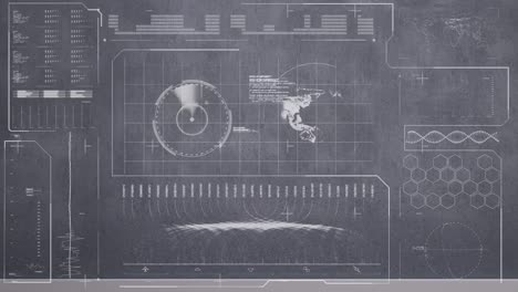 animación de una pantalla digital con globo, mapa, gráficos, hélice de adn, estructura molecular y ondas sonoras.