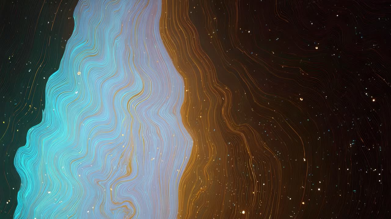 Mesmerizing animation of colorful fluid lines creating a beautiful wave like pattern with glowing particles drifting through a dark, deep space like environment