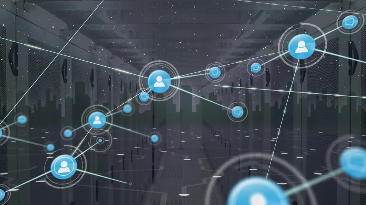 Animation of network of people icons over server room