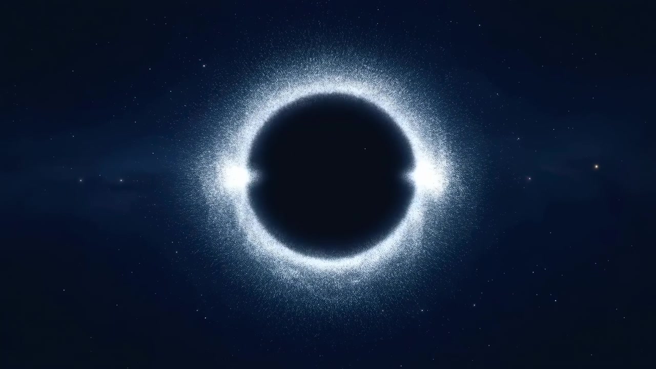Um halo brilhante cintila ao redor de um disco escuro centralizado enquanto finas partículas luminosas se espalham para fora, formando uma composição simétrica de alto contraste em luz azul fria e branca