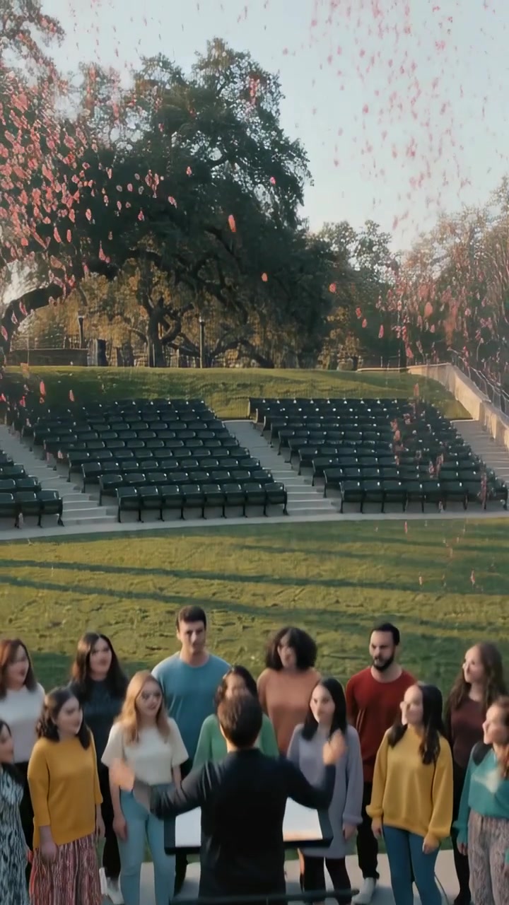 Vertical video: Raising arms, conductor leading choir at park, dark jacket, petals falling