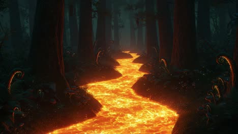 A Mystical Forest Enveloped in Darkness with a Glowing Lava River Flowing Through, Creating an Enchanting Contrast with the Surrounding Trees and Foliage