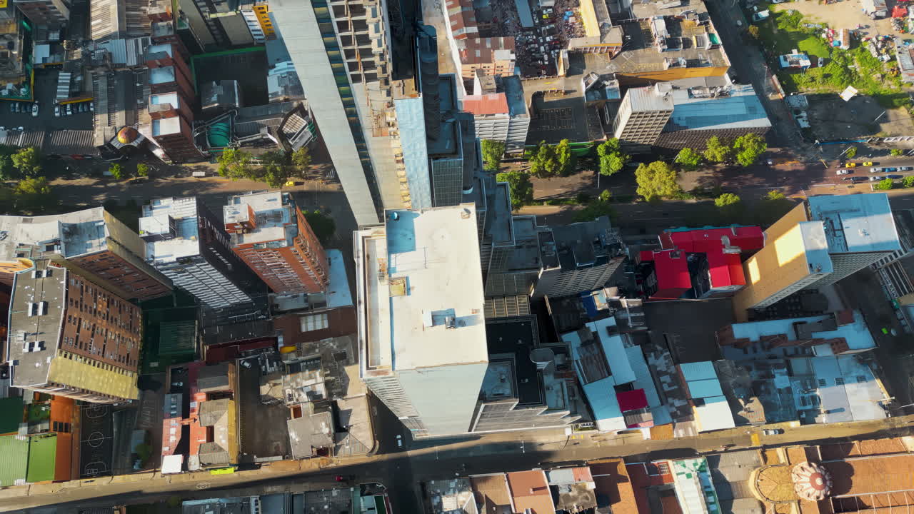 Bogota, Colombia - December 16, 2024: Aerial drone view of the skyscrapers of the capital in daylight