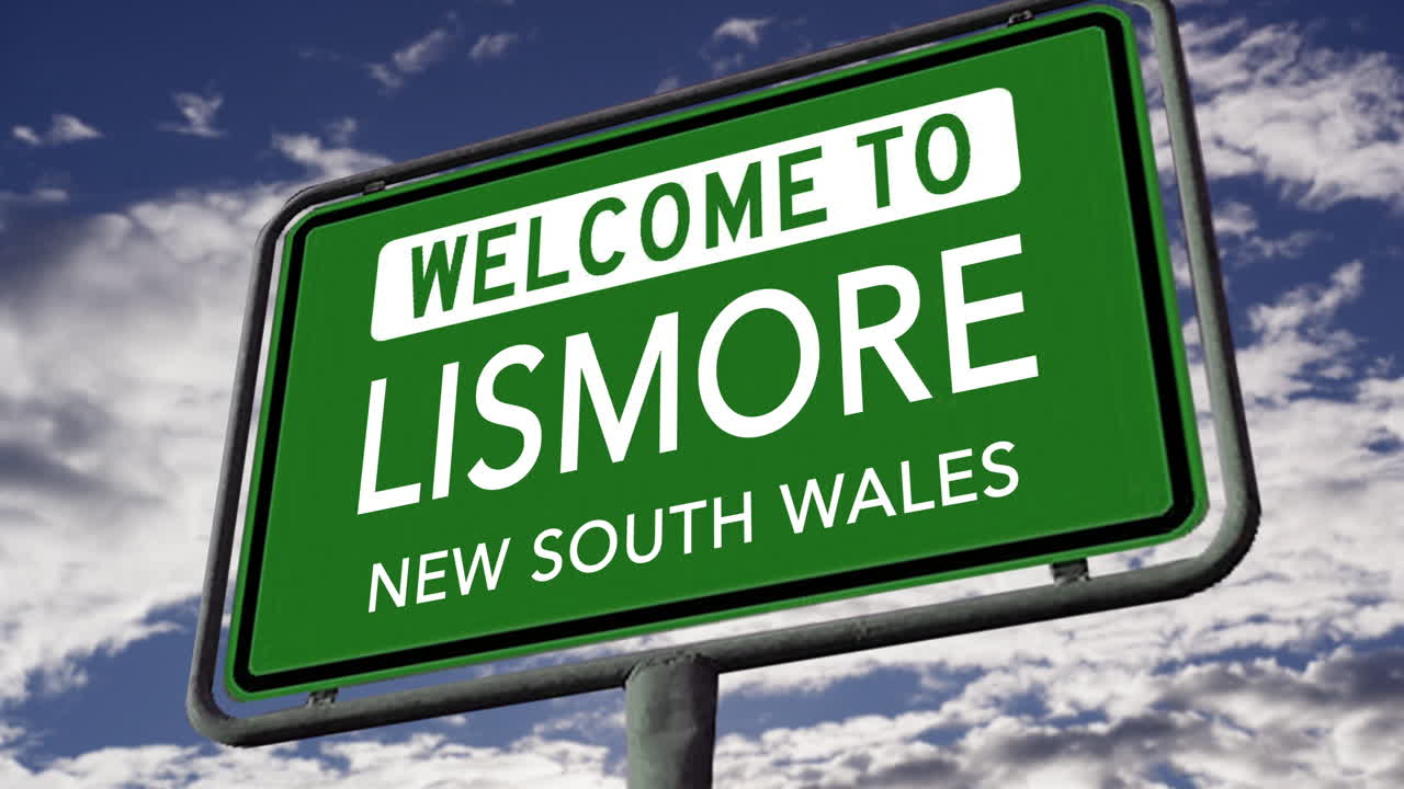 리스모어, 뉴 사우스 웨일즈, 오스트레일리아, 도시 도로 표지판, 현실적인 3d 애니메이션