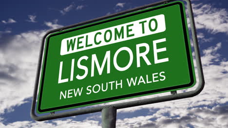 bienvenido a lismore, nueva gales del sur, australia, señal de carretera de la ciudad, animación 3d realista
