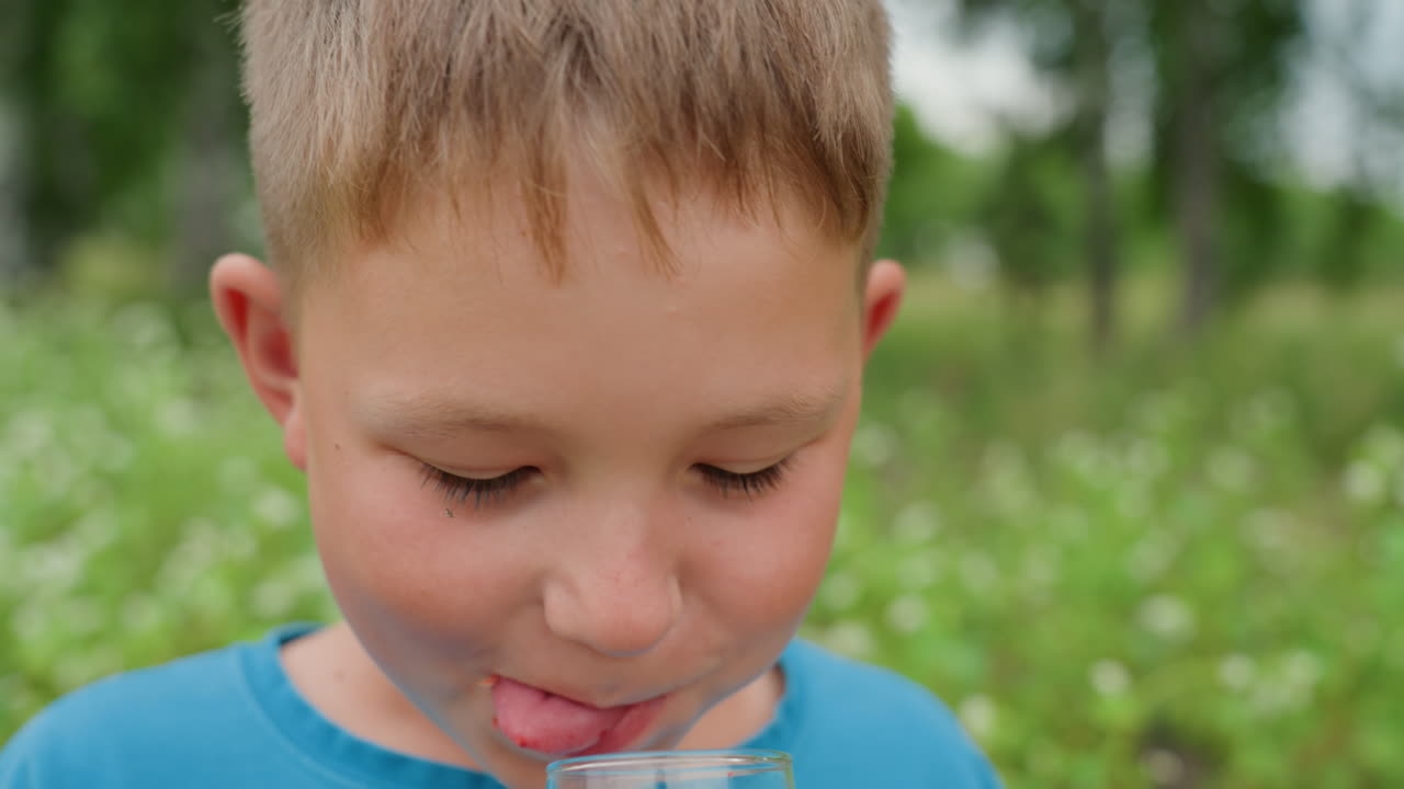 야생화 속에서 호박색 주스를 마시는 어린 소년, 파란 셔츠, 주근깨, 수줍은 미소와 사려 깊은 표정을 보여주는 클로즈업 인물 사진, 뒷마당 피크닉 중 탐험가를 흉내 내는 모습